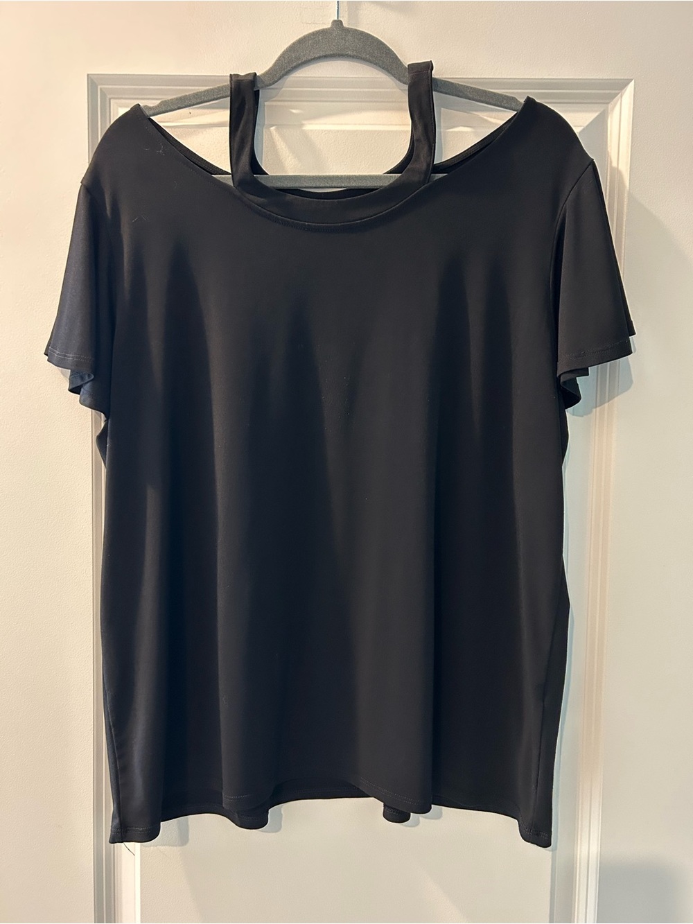 Chico's Black Short Sleeve blouse with Back Strap Detail